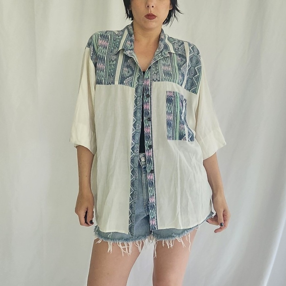 80s/90s White, Blue, and Teal Southwest Inspired Shirt